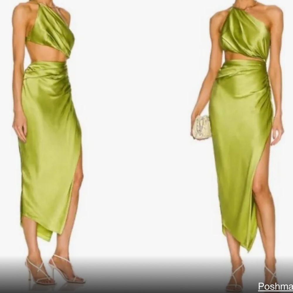 Olive Green Satin Asymmetric Cutout Dress